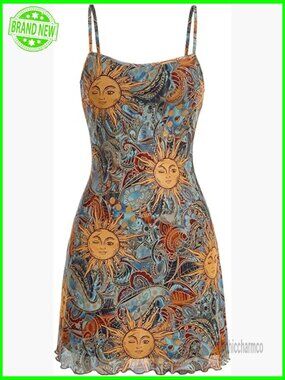 Vintage 90s Summer Mini Dress Spaghetti Strap Boho A-Line Mesh Short Dress